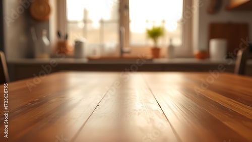 Close-up of polished wooden table surface with soft morning light through a blurred kitchen window in warm natural tones.
