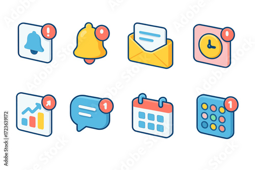 Notification icons set, 3d style. alerts, messages, reminders, and updates visuals.