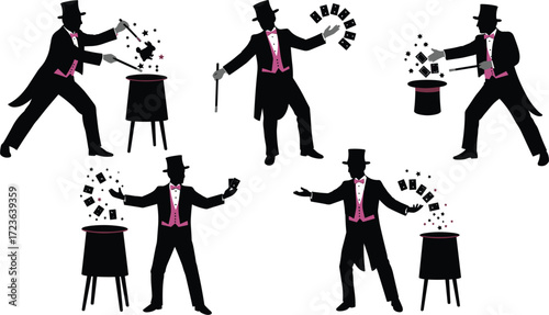 Magician silhouettes performing classic magic tricks, top hat, tuxedo, cauldron, sparkles, rabbit, playing cards, fantasy illusion, theatrical magic scene, vector art