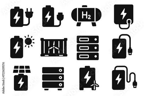 Tank vector energy modules storage icons bank solar dock wind stacked unit