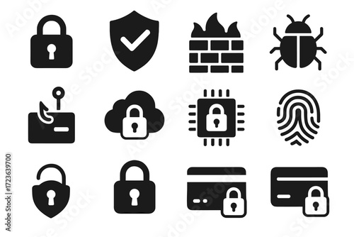 Vector chip encryption secure cybersecurity icon set bug firewall malware shield cloud