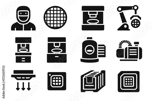 Semiconductor cleanroom filter pump air robotic aligner vector wafer icon set chamber