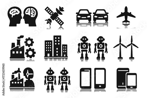 Icons factory mirrored turbine digital vector reflection buildings human device icon twin