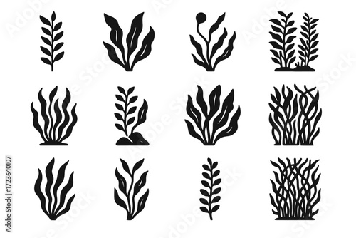 Attached seaweed vector shapes bulb icons rocks icon overlapping kelp forest