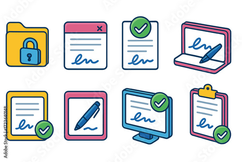 Office security flat icon set. document protection and access control icons collection.