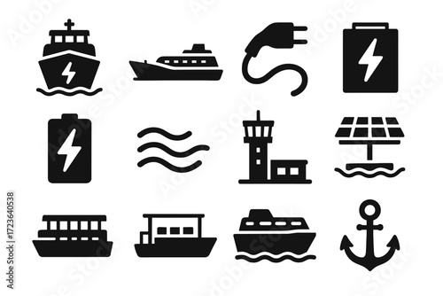 Dock view icons tower eco icon electric deck ferry charging passenger vector