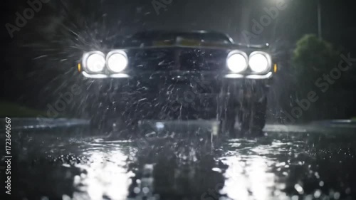 Classic car headlights shining in the rain at night  