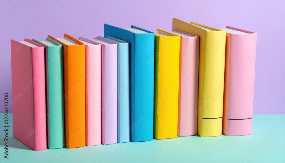Fototapeta premium Pastel Colored Bookshelf Display on Teal Surface