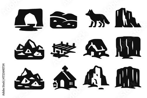 Snowy fox iceberg vector set arch hut lantern cliffs arctic tundra icon