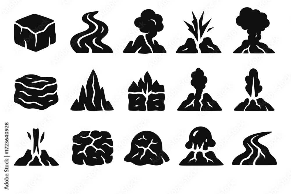 Fototapeta premium Hardened vector icons river magma lava stream fissure steam field rock icon