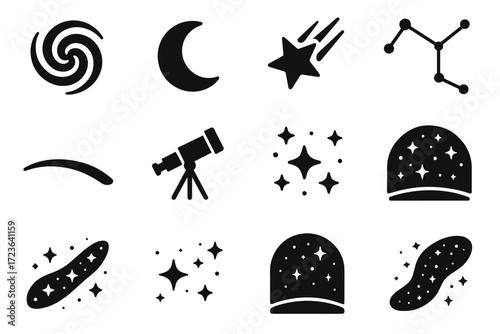 Stars icon set falling streak starfield way spiral night crescent vector symbol