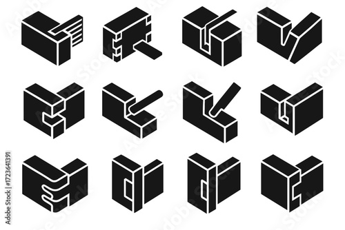 Dovetail finger joinery mitred icon forked dowel wood vector dado icons spline