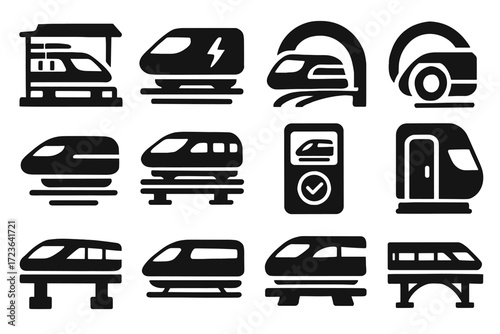 Maglev side icon hub curved tunnel vector guidance animation train engine cabin