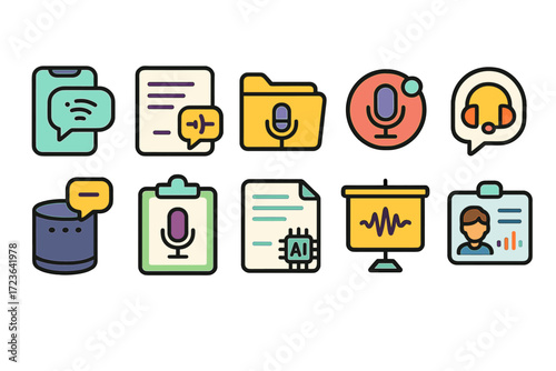 Voice recognition flat icon set. ai, chat, speech, and communication icons.