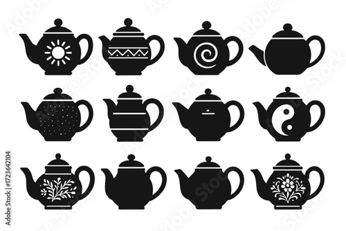 Icon motif clay sun collection silver vector teapot dual abstract side