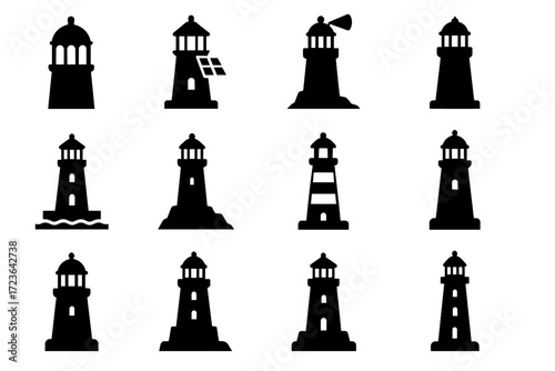 Vector collection beacon roof radar tower icon lantern outcrop striped lighthouse