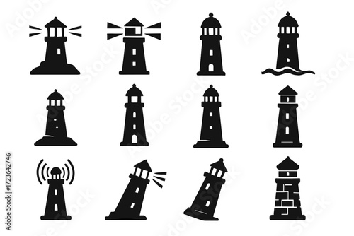 Vector stone tower lighthouse collection dramatic surrounded icon backup beacon waves