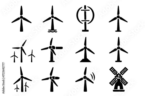 Vector spinning small detail multiple wind icon turbine horizontal farm
