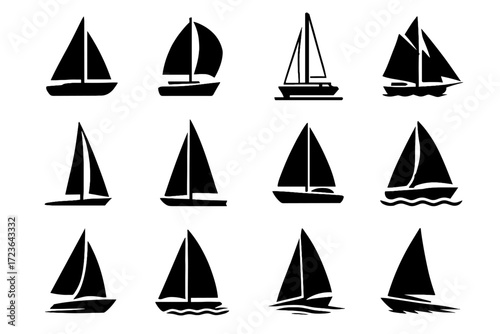 Sea docked speed racing minimalist catamaran boat vector sailboat set icon through