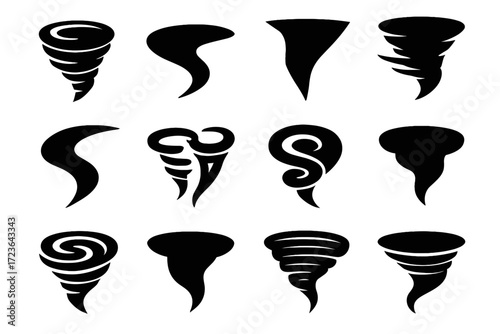 Wide dramatic layered vector swirling storm funnel icon spiral wind set tornado