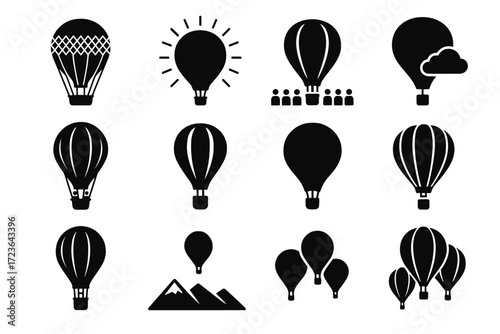 Cloud ascending air sky icons balloon retro glowing rising under basket icon