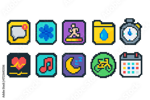 Retro, pixel art flat icon set. nostalgic, video game style flat icons collection
