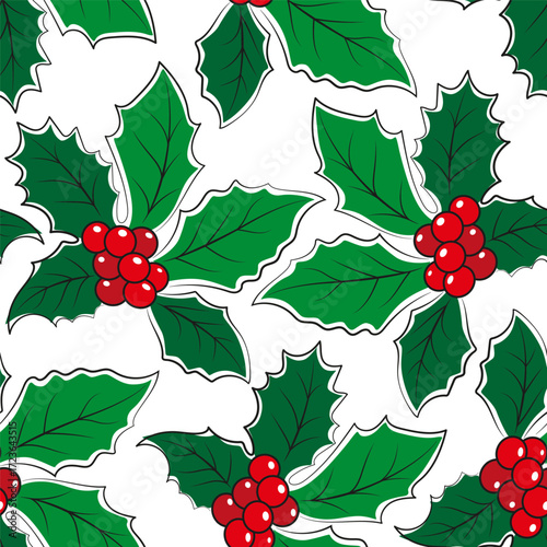 Christmas mistletoe seamless pattern. Holiday decoration wallpaper.	
Vector New Year pattern on white background. New Year berries, sharrow, red berries, green leaves, winter branches, poinsettia.