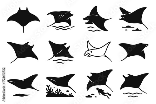 Vector ripples manta coral ray underwater black backlit icon waters
