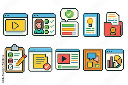 Pixel art web and app interface icon set: flat style ui elements collection