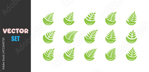 Collection of stylized green fern fronds with watercolor texture