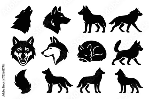 Pose silhouette icon howling sleek face alert curled array wolf vector