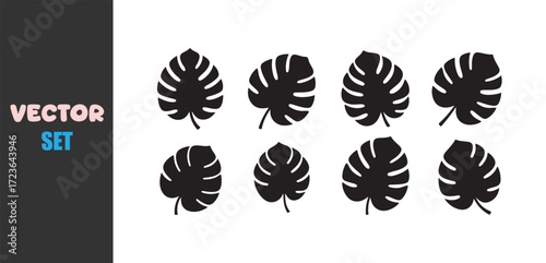 Collection of eight black monstera leaf silhouettes on a white background