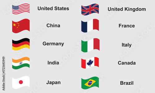Flags of major world countries collection. set of national flags representing countries including United States, United Kingdom, China, France, Germany, Italy, India, Canada, Japan, and Brazil.
