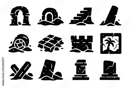 Stone broken cracked grid parapet desert arch foundation icon ruins aged vector