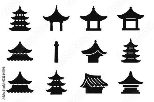 Tiled pagoda form cap outline icons roof icon ancient monument vector rooftop