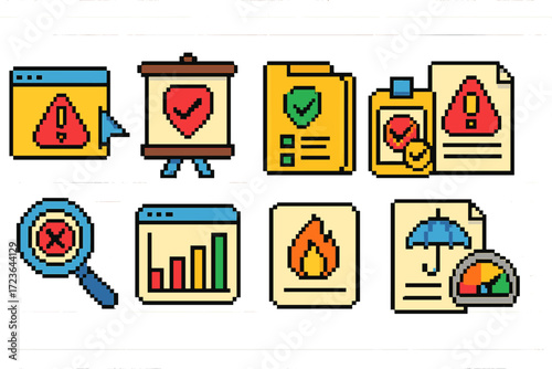 Business, data protection icon set. security, privacy icons in pixel art style