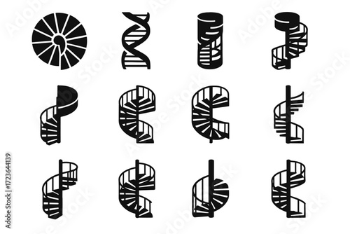 Railing spiral rooftop double icon cylindrical metal staircase glass slim vector