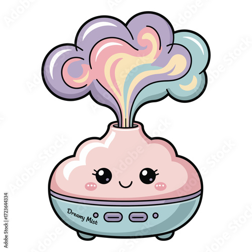 Cute kawaii aromatherapy diffuser with mist, flat cartoon vector, pastel color, white background, transparent background