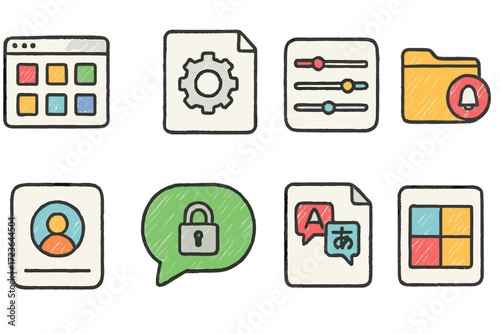 File management icon set. data, organization flat icons for digital productivity