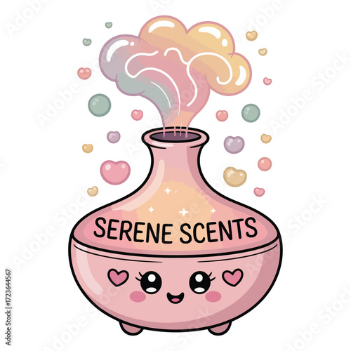 Cute kawaii aromatherapy diffuser with mist, flat cartoon vector, pastel color, white background, transparent background