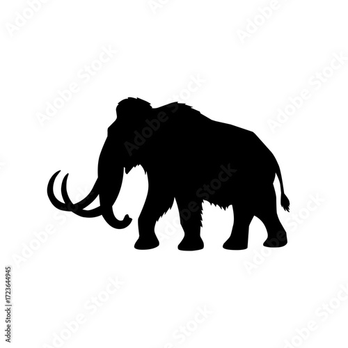 Silhouette of a woolly mammoth with long tusks and shaggy outline. Black vector design of prehistoric Ice Age animal for logo, icon, or ancient wildlife concept