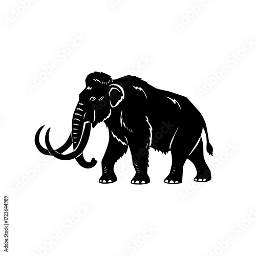 Vector illustration of a woolly mammoth with detailed fur texture and large curved tusks. Prehistoric Ice Age animal design for education, logo, or vintage artwork