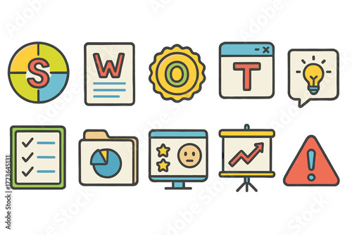 Business, swot analysis filled icon set. strategy, management, planning icons collection