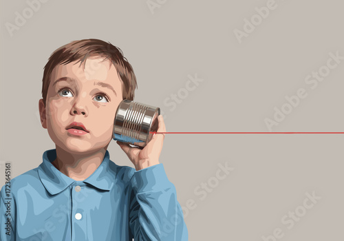 A young boy playing, exploring vintage communication with a DIY tin can telephone, fostering imagination and simple connections