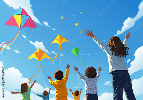 Children playing with kites on a sunny day, a joyous scene of fun and freedom