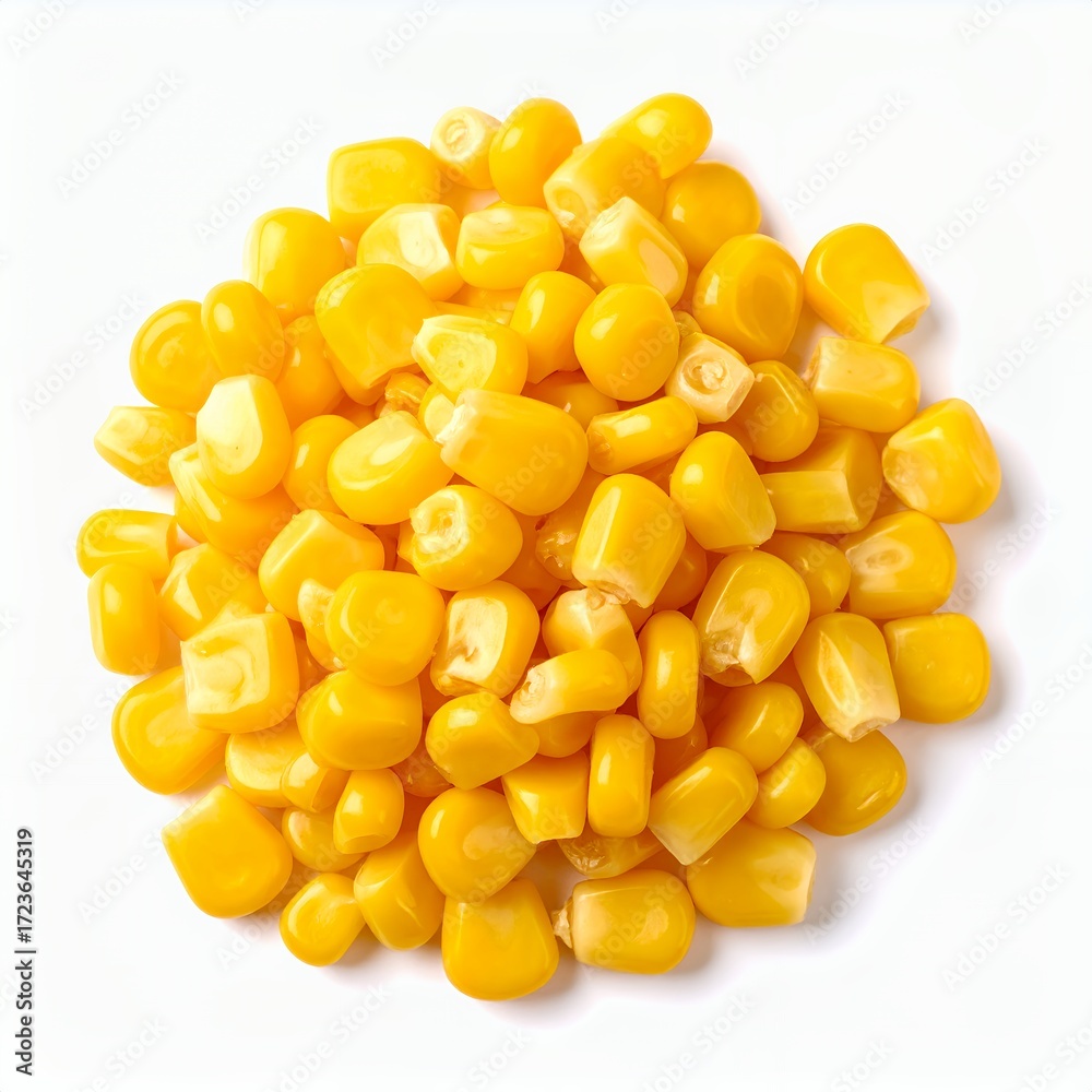 Fototapeta premium Pile of vibrant yellow corn kernels isolated on a clean white background, close up shot