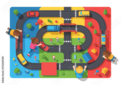 Happy children playing with toy cars and trucks on a colorful road playmat, fostering imaginative games and early learning