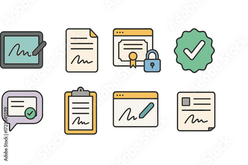 Digital signature document icon set. authentication, approval icons outline style.