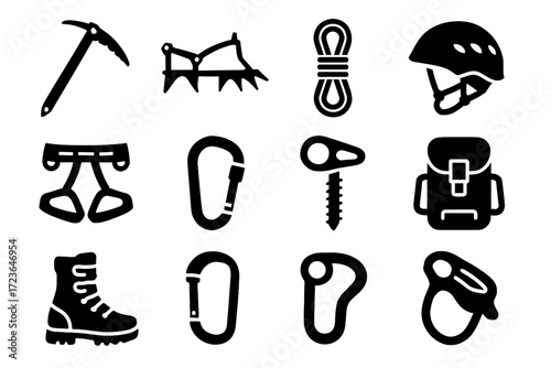 Crampons gear helmet device carabiner icon harness snow belay ice climbing vector