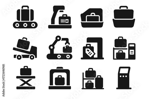 Belt system scanner arm icon conveyor tag baggage kiosk icons stacking lift